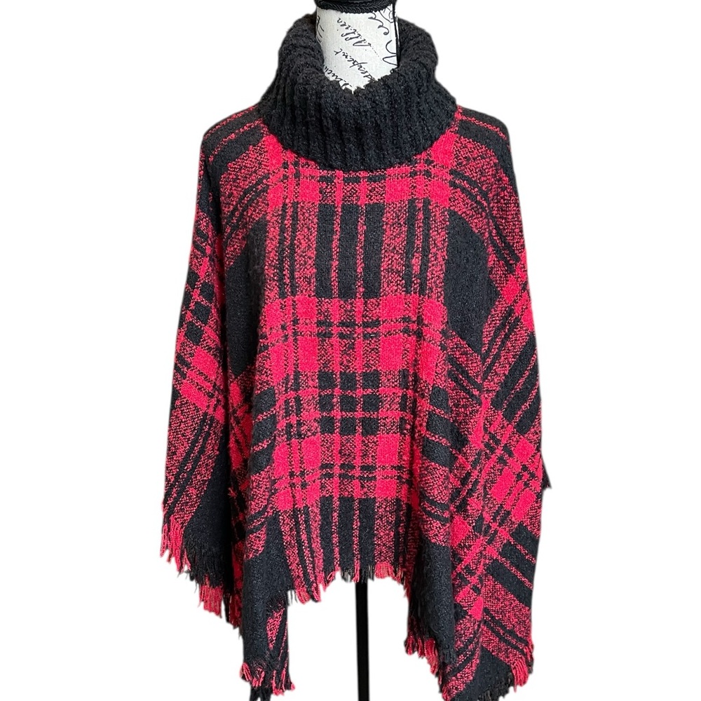 Steve Madden Red and Black Plaid Poncho